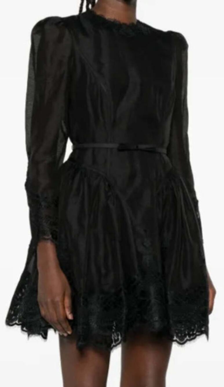 NWT Zimmermann Hypnotic Lace Trim Belted Linen Silk Mini Dress Black US 4